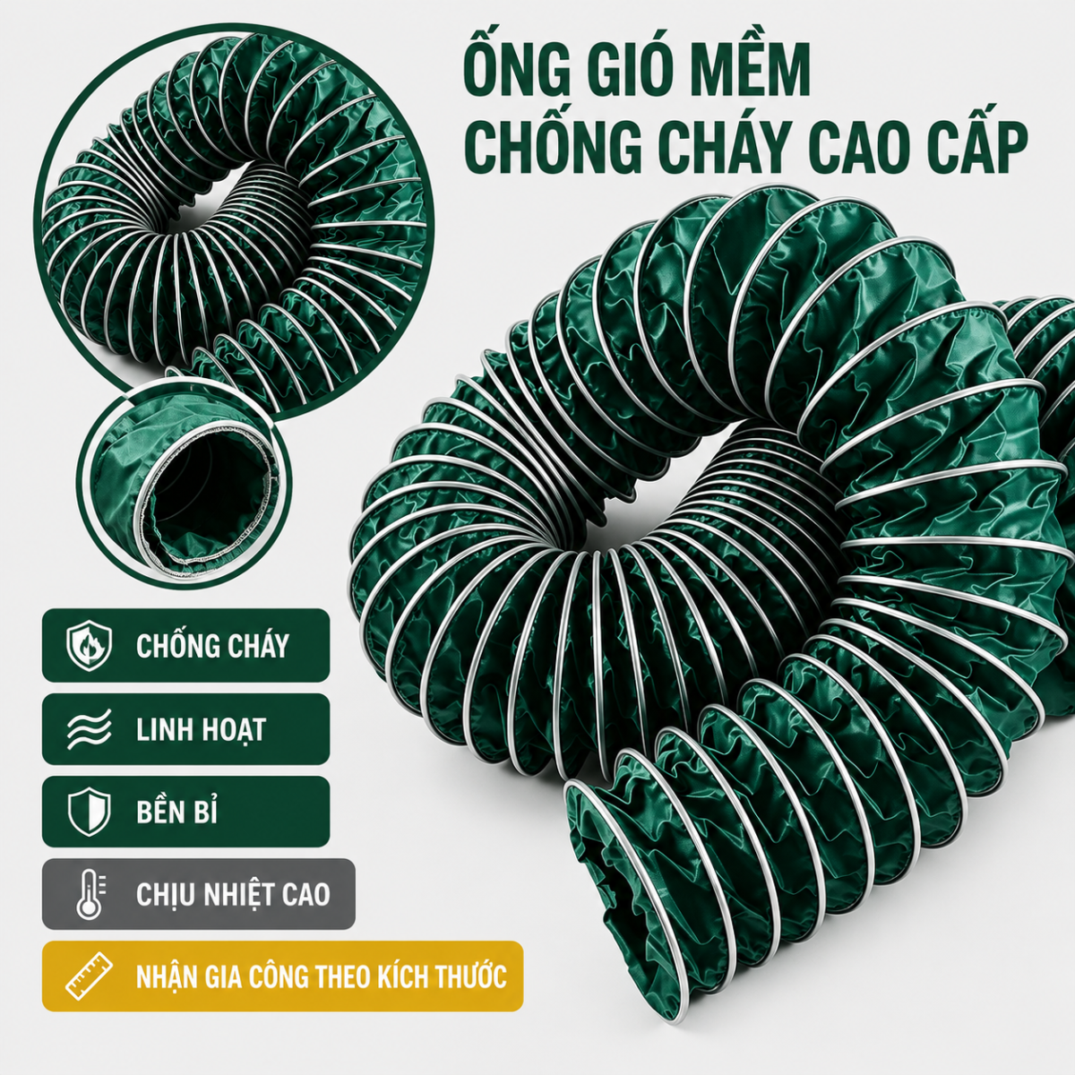 Ống gió mềm chống cháy lõi thép màu xanh