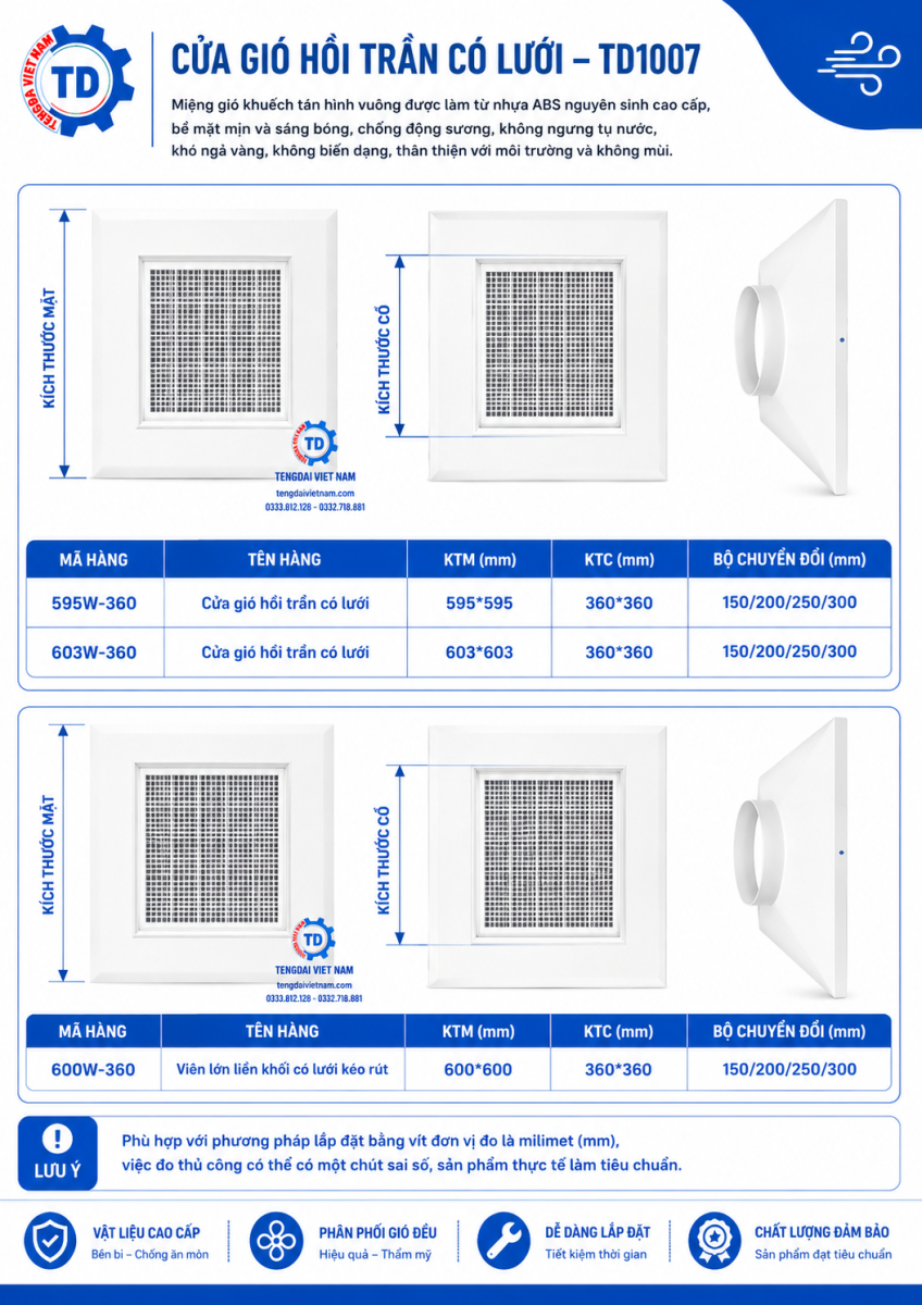 Thông số cửa gió hồi trần TD1007