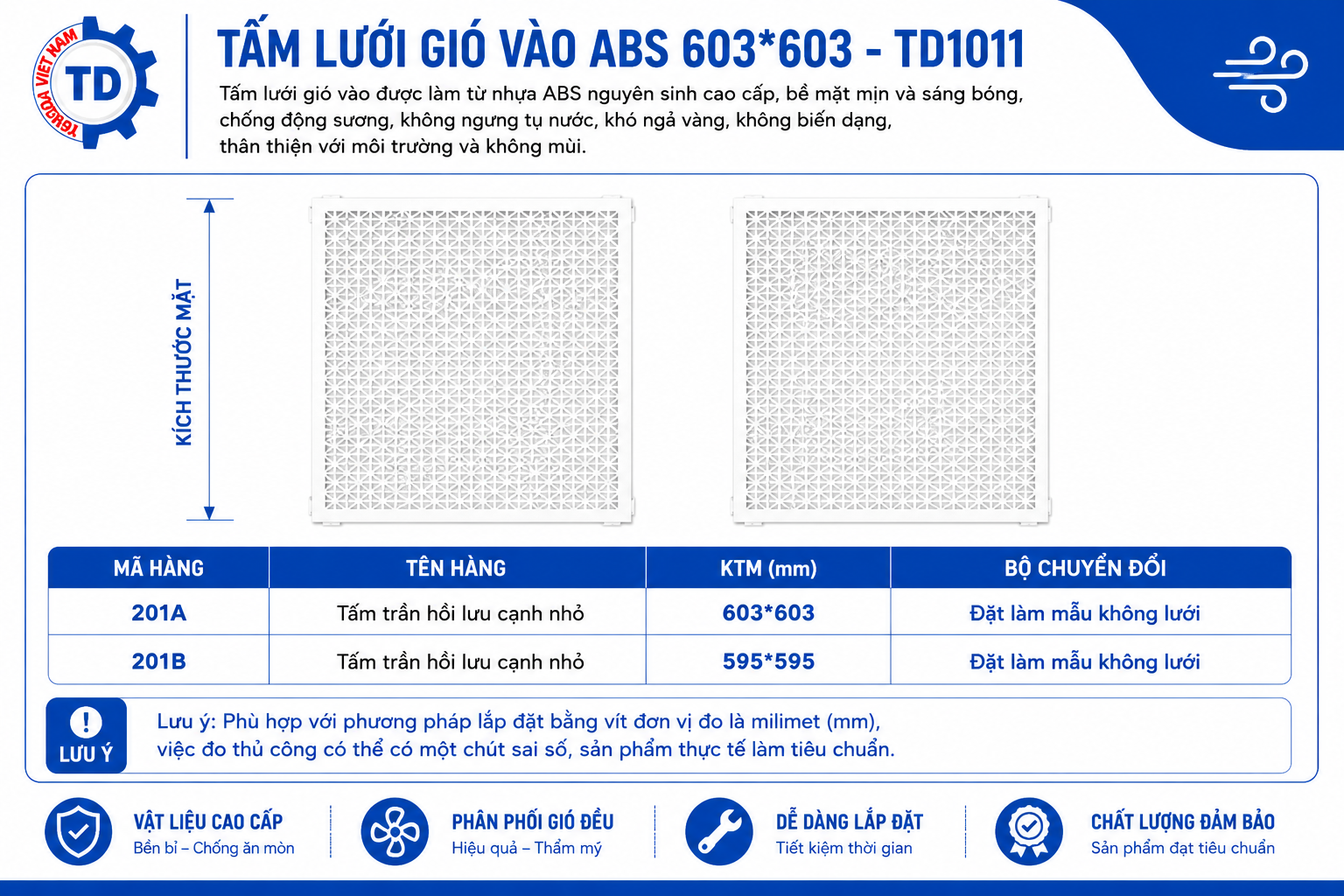 Thông số kỹ thuật tấm trần hồi lưu ABS TD1011