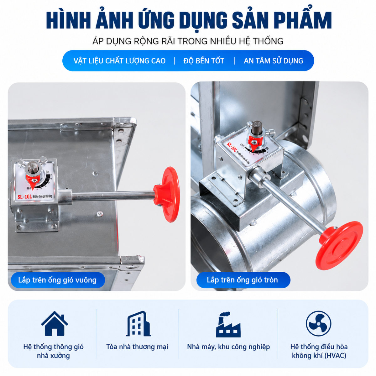 Lắp trên van gió tròn và vuông, chỉnh góc mở bằng tay, không cần đấu