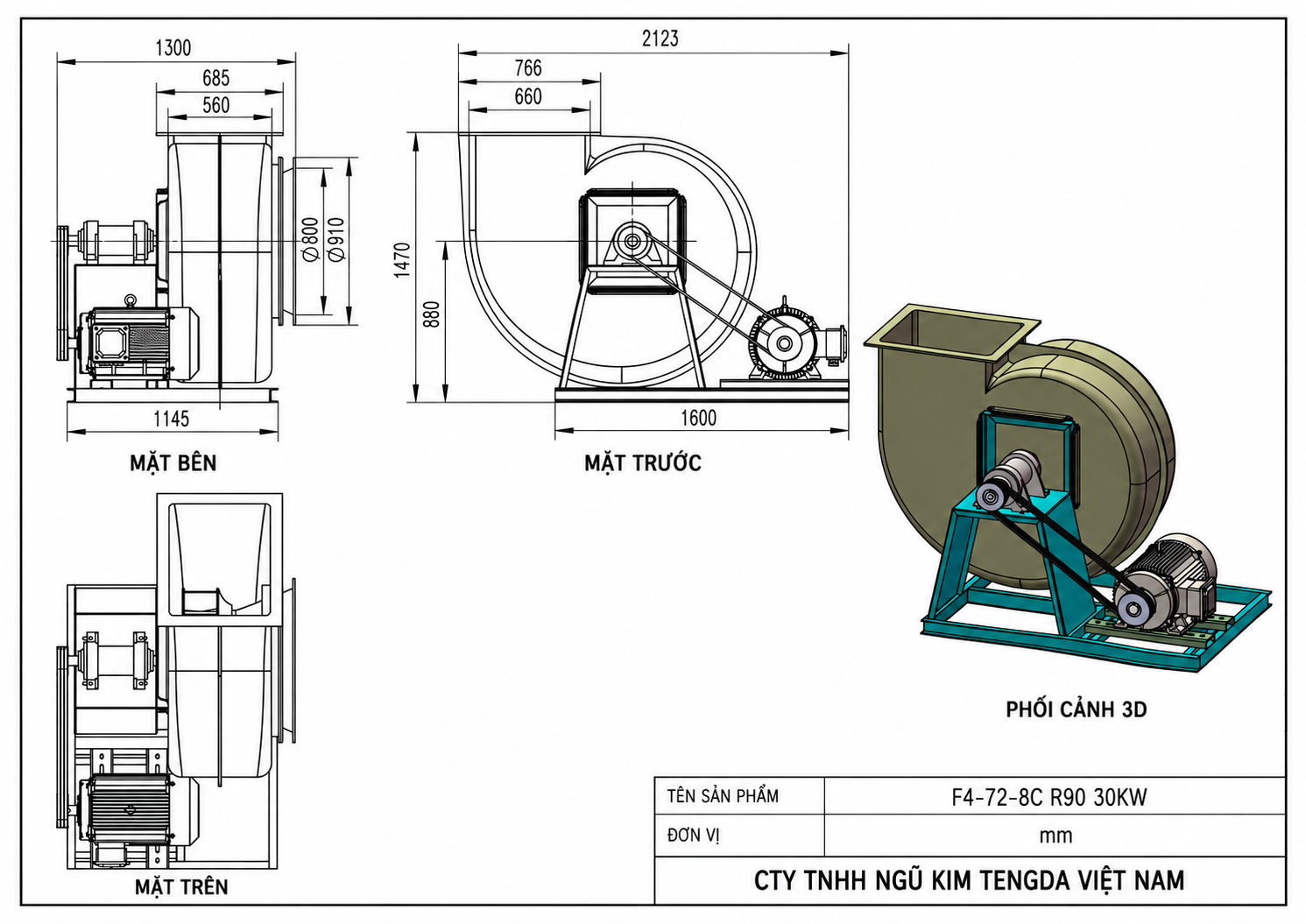 Bản vẽ kích thước quạt ly tâm FRP F4-72 kiểu C số hiệu 8C động cơ 30 kW, quay phải cửa ra 90 độ, gồm hình chiếu đứng, hình chiếu cạnh và hình 3D cụm puly dây đai