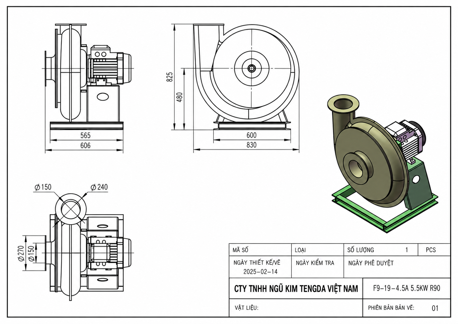 Bản vẽ kích thước quạt ly tâm cao áp FRP F9-19 kiểu A số hiệu 4.5A động cơ 5,5 kW, gồm hình chiếu cạnh, hình chiếu đứng, hình chiếu bằng và hình 3D