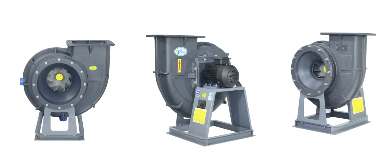 Quạt ly tâm chống ăn mòn FPE kiểu A nhìn từ 3 góc, cửa gió ra dạng chữ nhật, động cơ nối trực tiếp