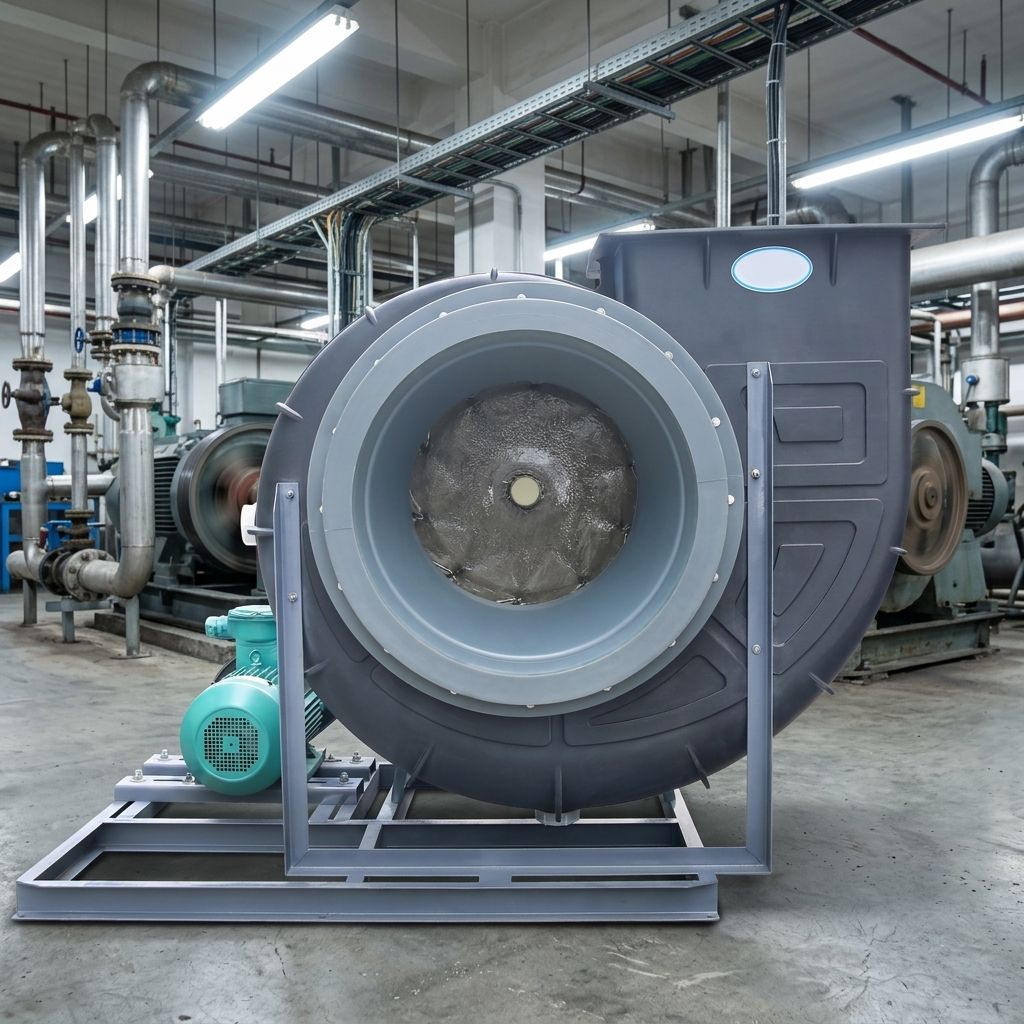 Quạt ly tâm chống ăn mòn FPE kiểu C nhìn từ 3 góc, cửa gió ra chữ nhật, động cơ đặt riêng kéo cánh bằng dây đai