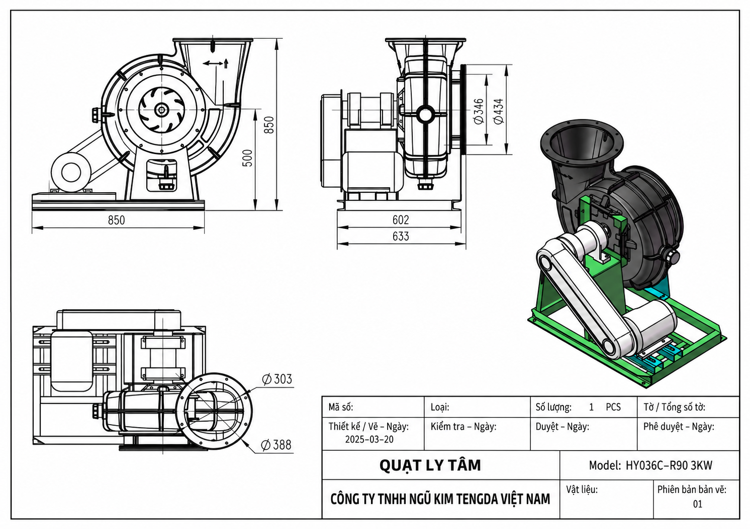 Bản vẽ quạt ly tâm chống ăn mòn HY kiểu C với các ký hiệu