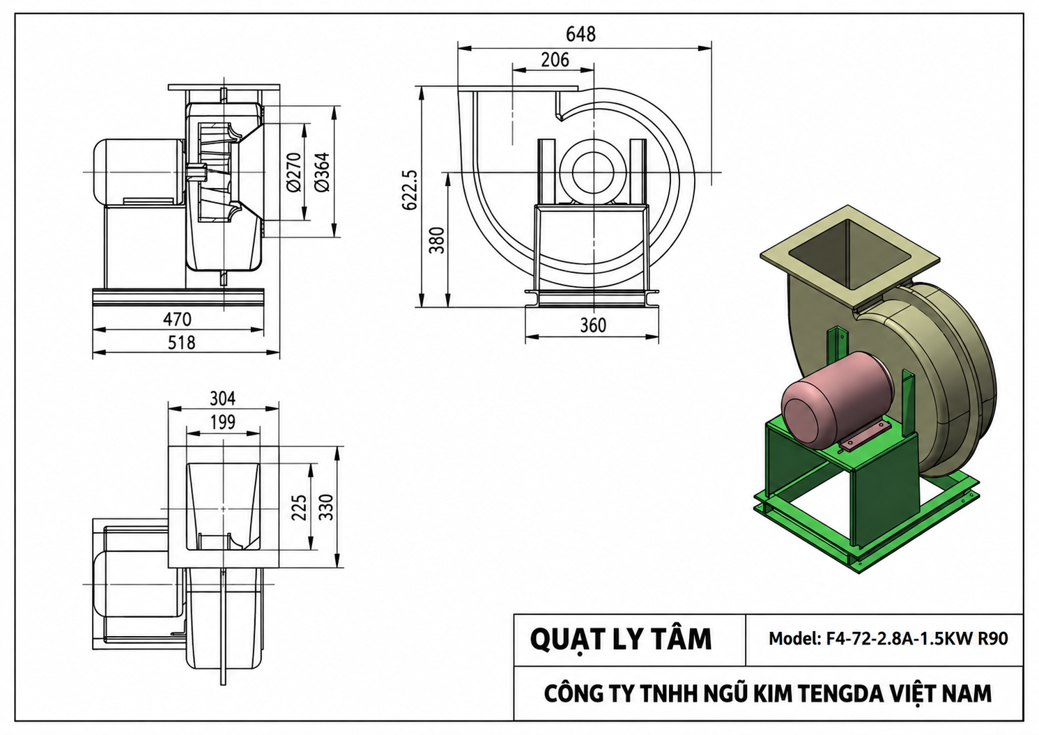Bản vẽ kích thước quạt ly tâm chống ăn mòn WT4-72 với các ký hiệu Ø1 đến Ø4, L1 đến L6, H1, H2