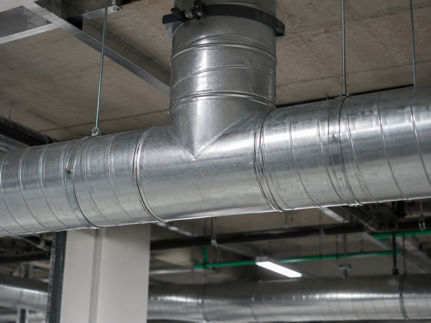 Tê ống gió tròn tôn mạ kẽm thi công thực tế trong hệ thống HVAC công nghiệp, lắp đặt treo trần chắc chắn, đảm bảo lưu thông không khí ổn định và kín khí.