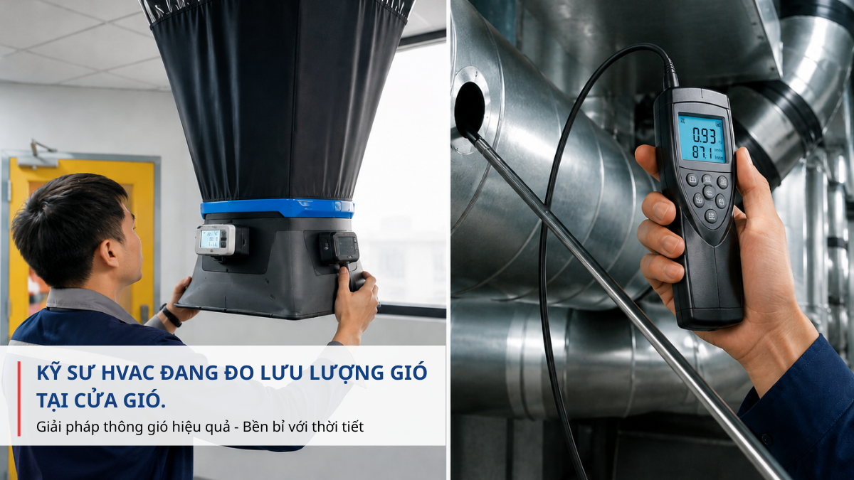 Kỹ sư đo lưu lượng bằng anemometer.