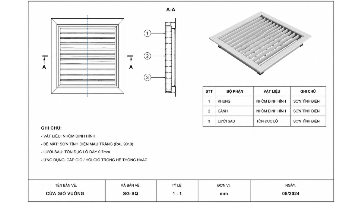 Bản vẽ tính toán kích thước cửa gió HVAC.