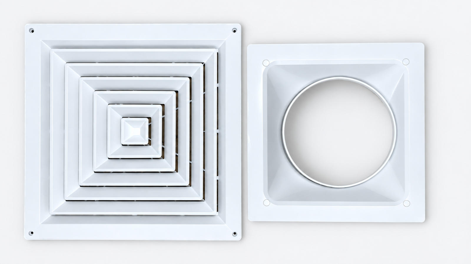 Cửa gió khuếch tán vuông nhựa ABS màu trắng cỡ 600x600 mm, mặt trước gồm các lớp nan vuông đồng tâm chia gió 4 hướng