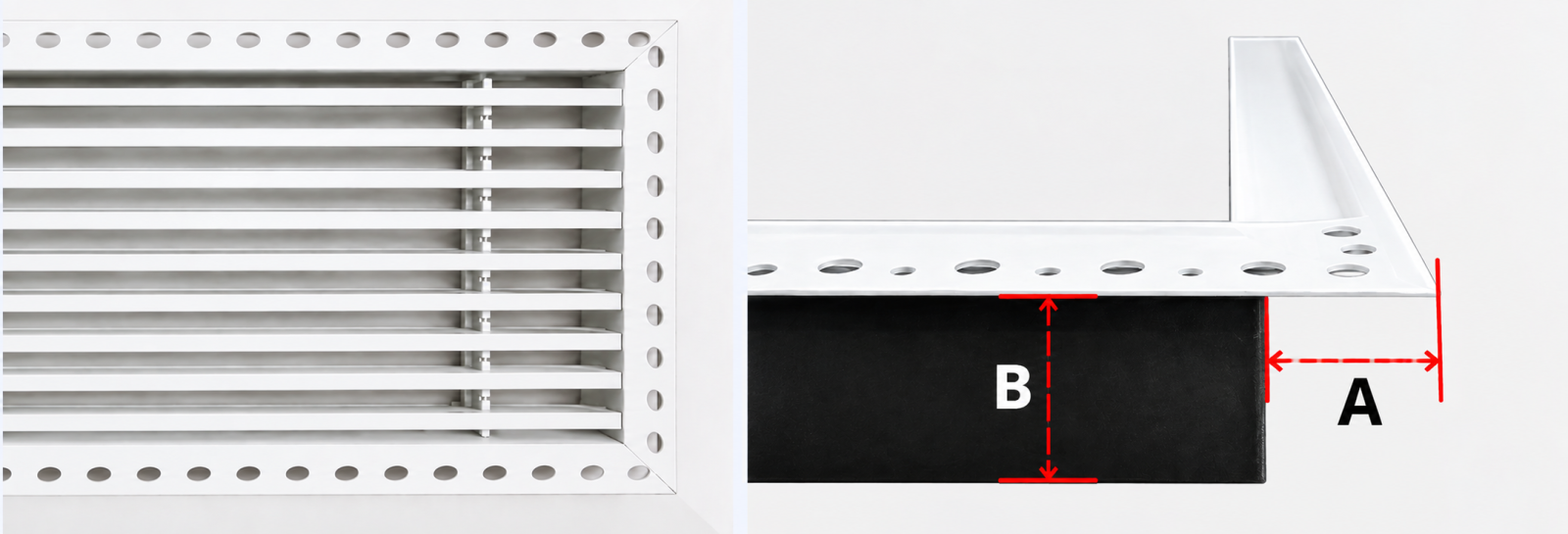 Mặt cắt khung K6 Basic Line âm viền cửa gió nan thẳng linear nhựa ABS, ký hiệu kích thước A B C