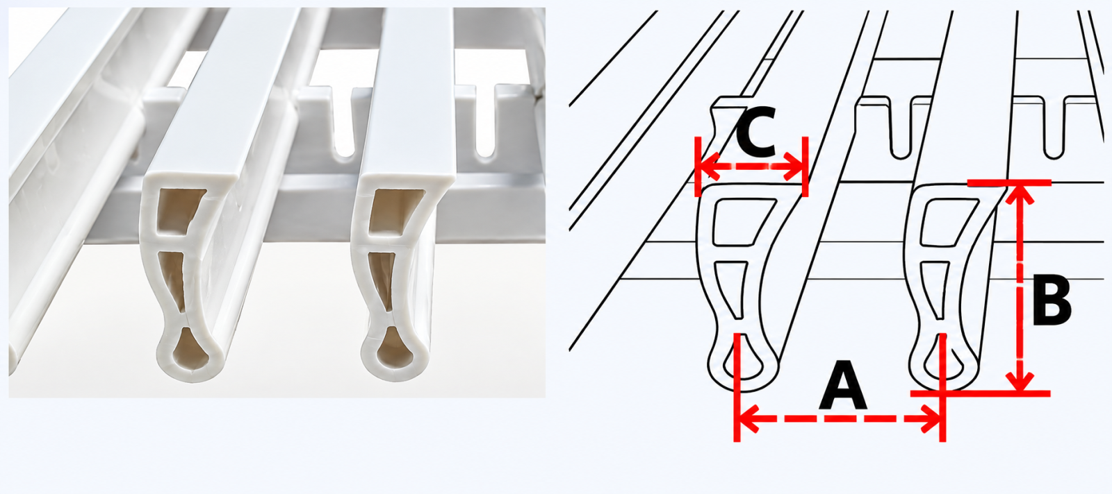 Mặt cắt nan L6 cửa gió nan thẳng linear nhựa ABS, ký hiệu kích thước A B C