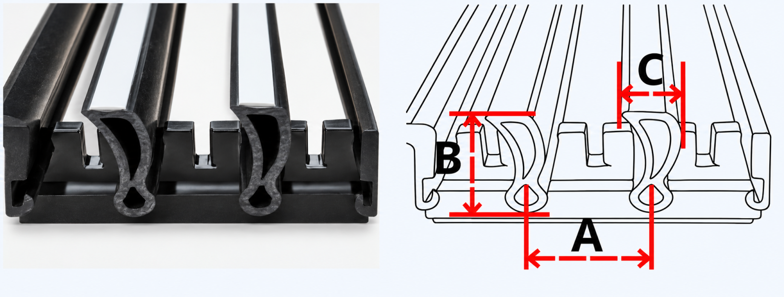 Mặt cắt nan L7 cửa gió nan thẳng linear nhựa ABS, ký hiệu kích thước A B C