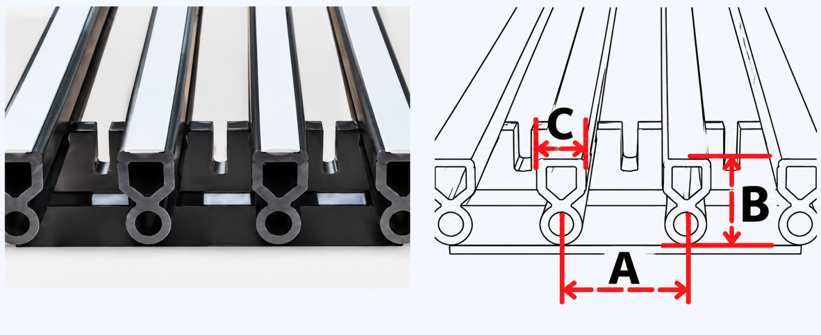Mặt cắt nan L8 cửa gió nan thẳng linear nhựa ABS, ký hiệu kích thước A B C