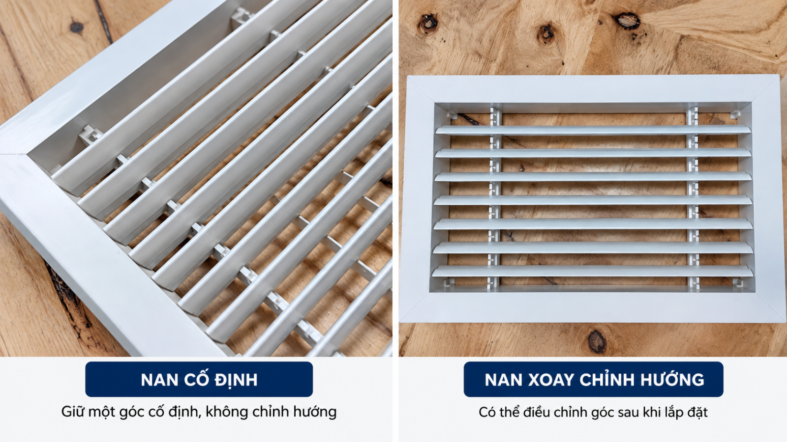 Nan cố định và nan xoay chỉnh hướng trên cửa gió linear nhựa