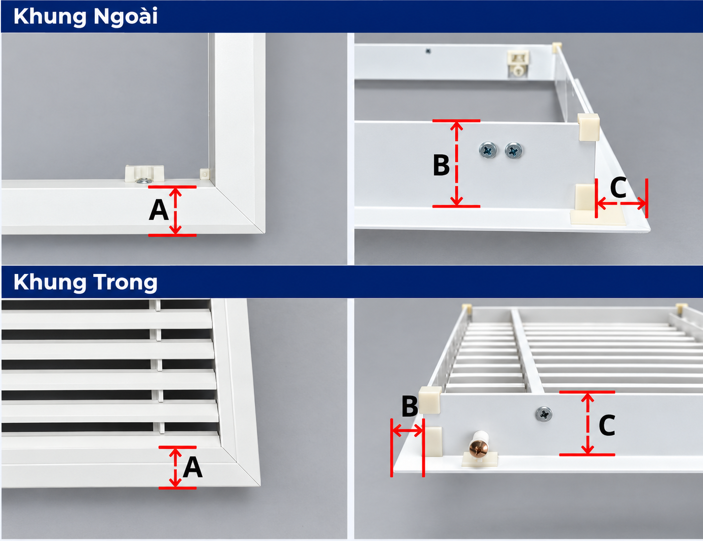 Mặt cắt khung TL2 cửa gió hồi tháo lắp nhựa ABS, khung ngoài và khung trong, ký hiệu A B C