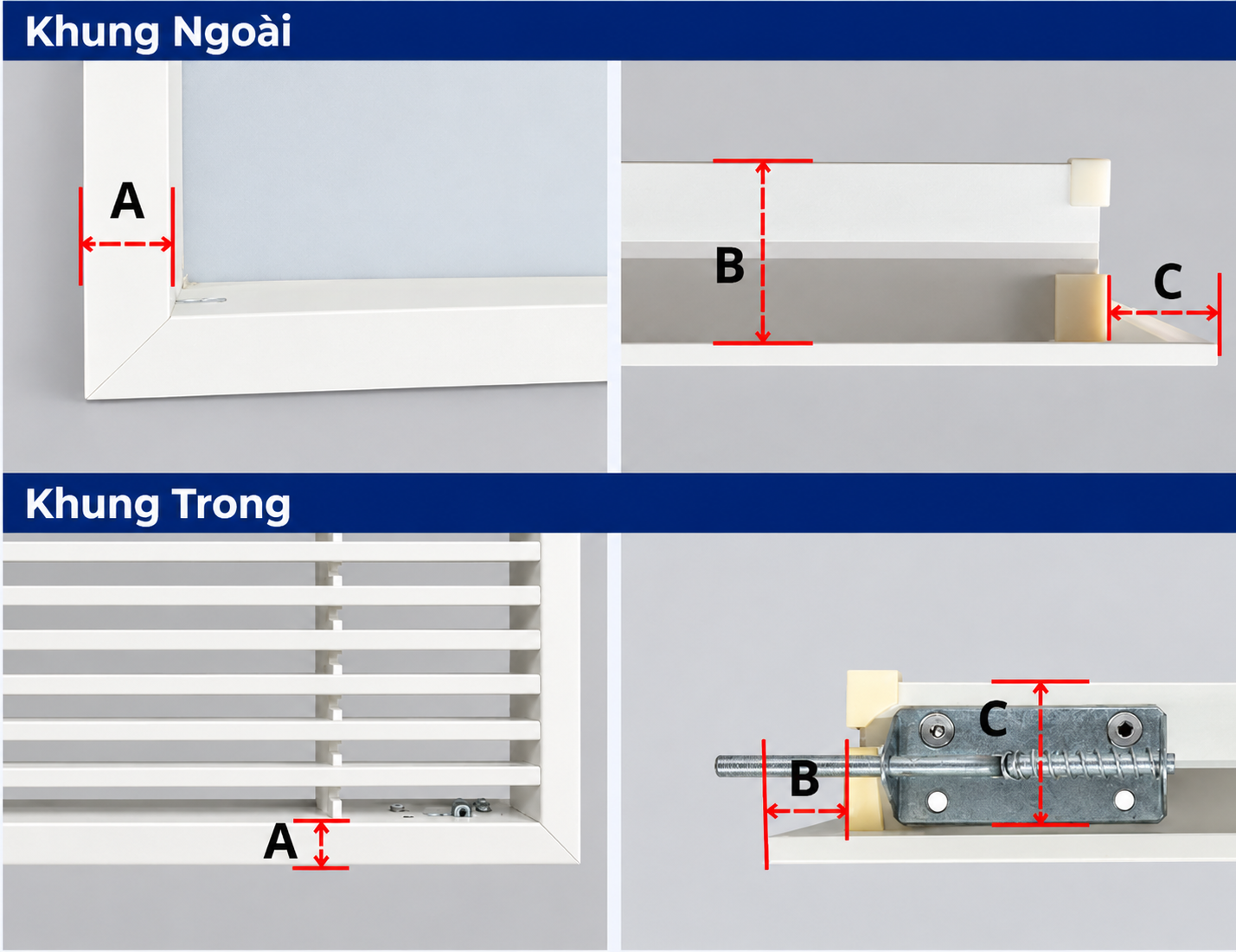 Mặt cắt khung TL1 linear 1 lớp tháo lắp nhựa ABS, khung ngoài và khung trong, ký hiệu A B C