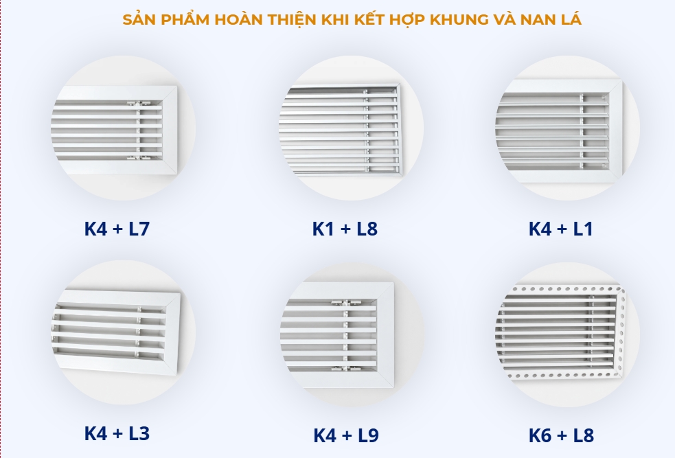 Các tổ hợp khung và nan cửa gió linear nhựa K4 L7, K1 L8, K4 L1, K4 L3, K4 L9, K6 L8
