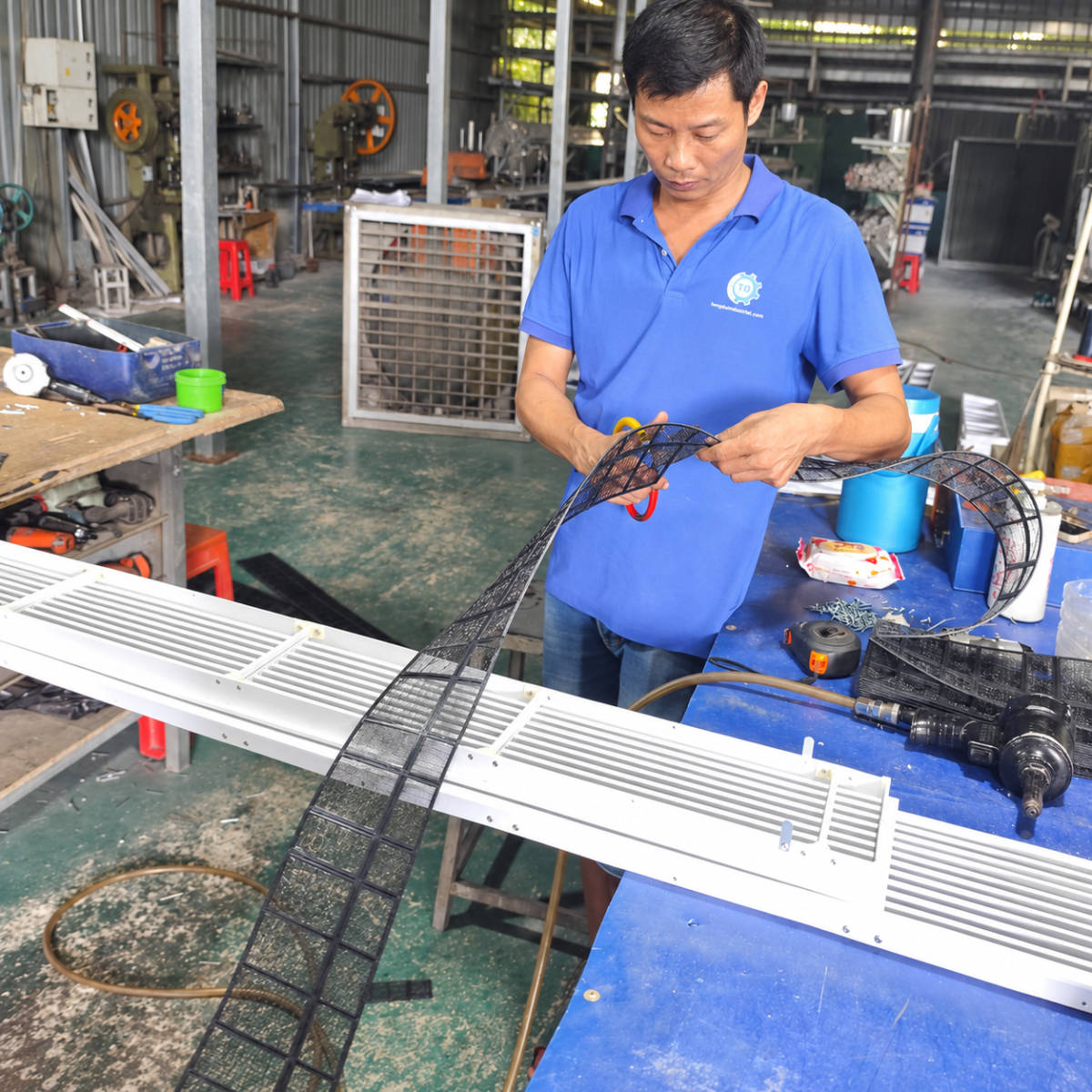 Lắp lưới chống bụi côn trùng phía sau cửa gió linear nhựa