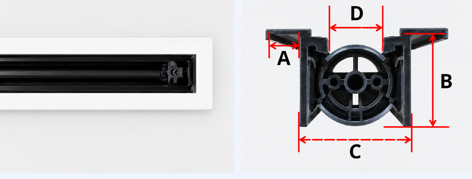 Mặt cắt cửa gió slot linear nhựa có van 1 slot, ký hiệu kích thước A B C D