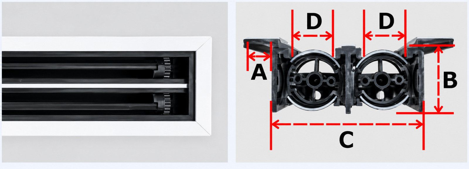 Mặt cắt cửa gió slot linear nhựa có van 2 slot, ký hiệu kích thước A B C D