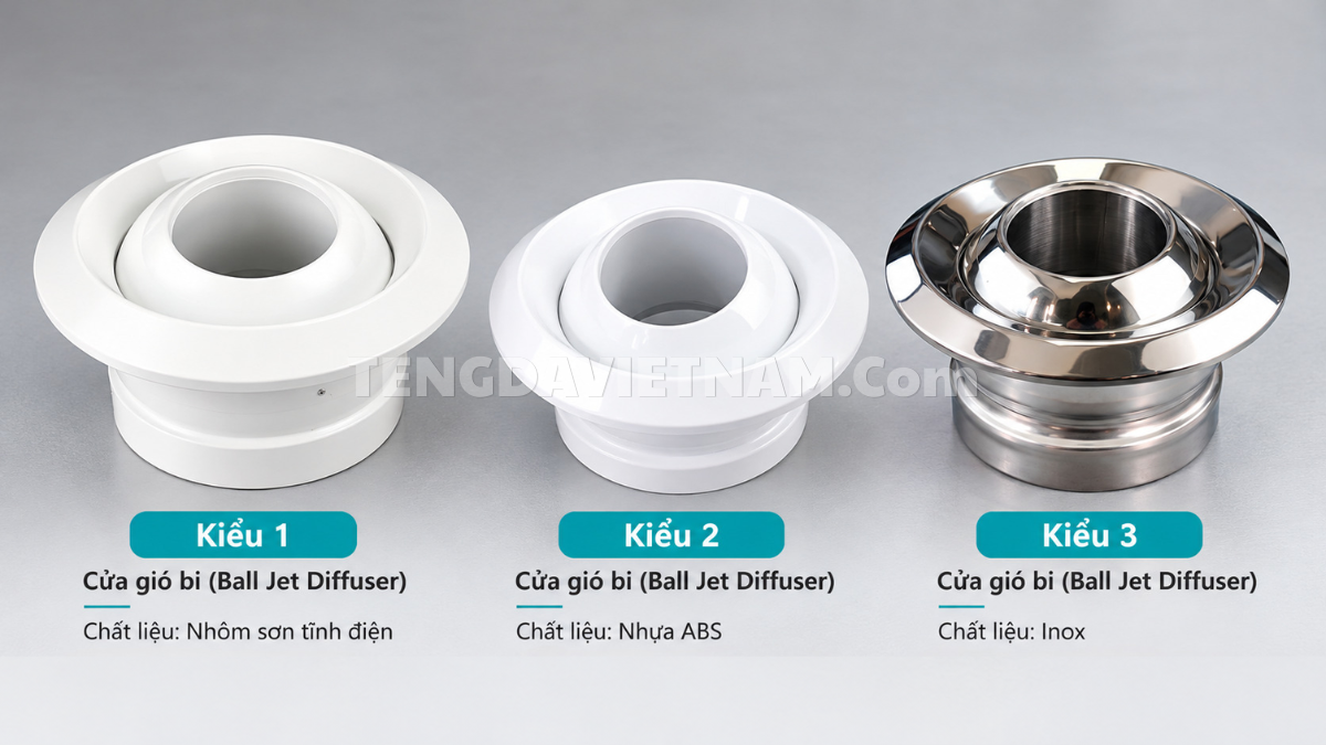 Ba cửa gió jetball của Tengda đặt cạnh nhau: jetball nhôm sơn trắng, jetball nhựa ABS màu trắng và jetball inox 304 sáng bóng