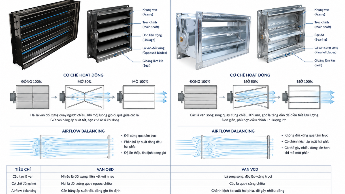So sánh cấu tạo và airflow của van OBD và van VCD trong hệ thống HVAC.