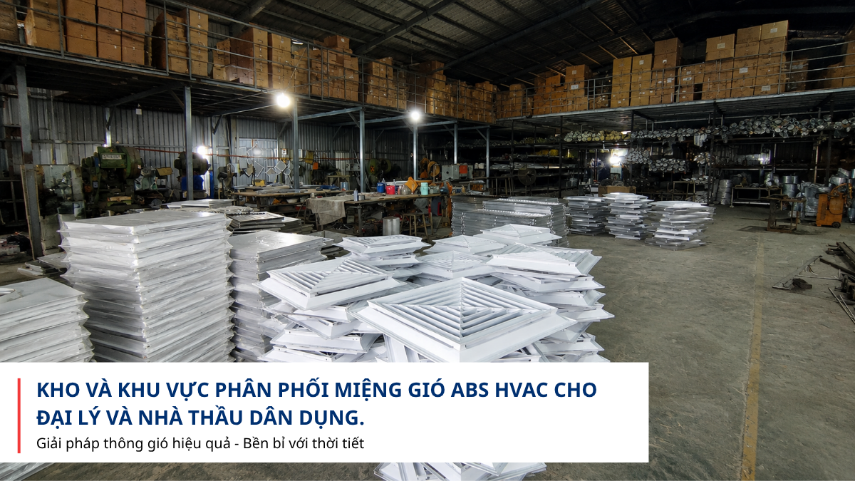 Kho và khu vực phân phối miệng gió ABS HVAC cho đại lý và nhà thầu dân dụng.