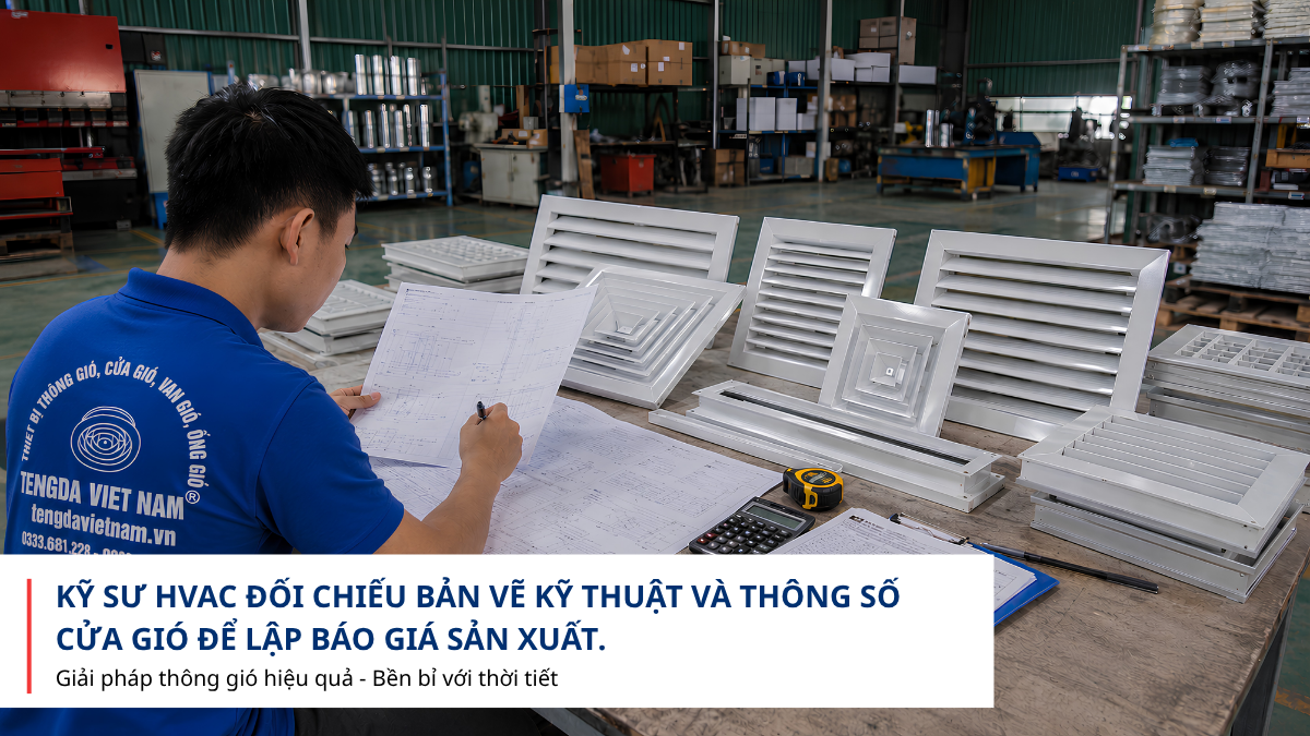 Kỹ sư HVAC kiểm tra bản vẽ cửa gió trước khi báo giá
