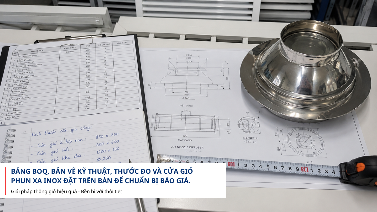 Bảng BOQ, bản vẽ kỹ thuật, thước đo và cửa gió phun xa inox đặt trên bàn để chuẩn bị báo giá.