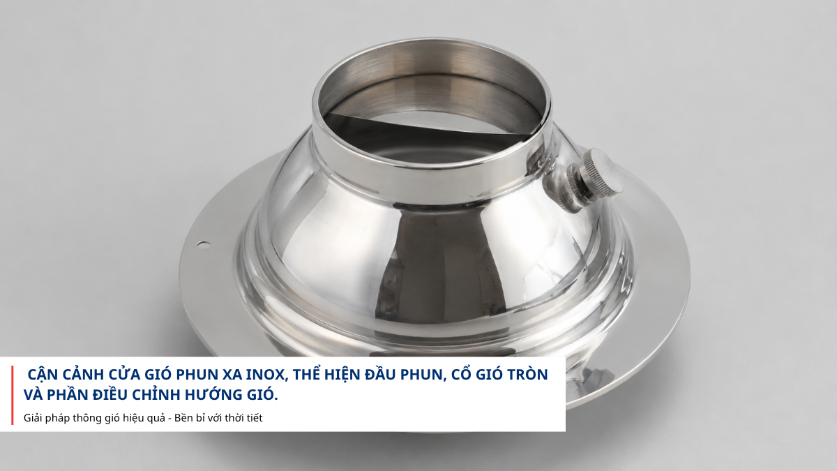 Cận cảnh cửa gió phun xa inox, thể hiện đầu phun, cổ gió tròn và phần điều chỉnh hướng gió.