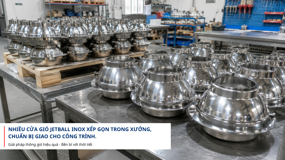 Nhiều cửa gió phun xa inox hoặc Jetball inox xếp gọn trong xưởng, chuẩn bị giao cho công trình.