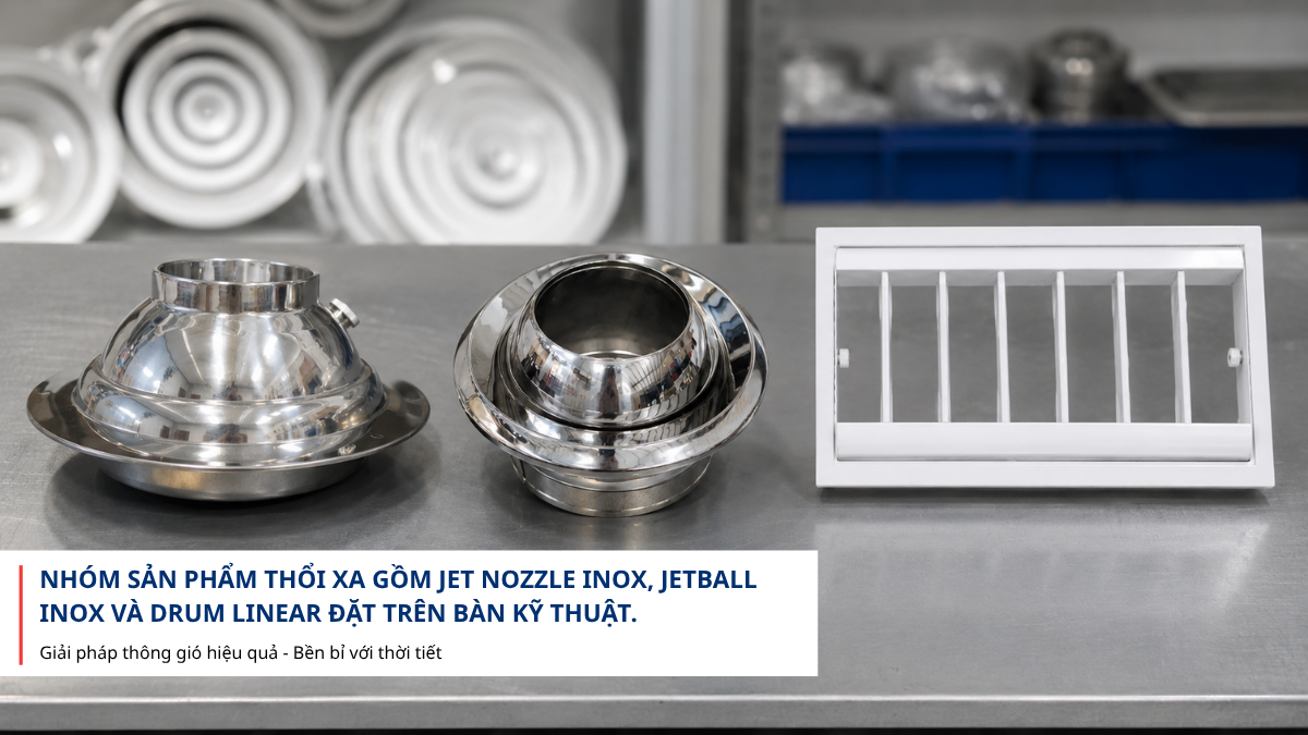 Nhóm sản phẩm thổi xa gồm Jet Nozzle inox, Jetball inox và Drum Linear đặt trên bàn kỹ thuật.