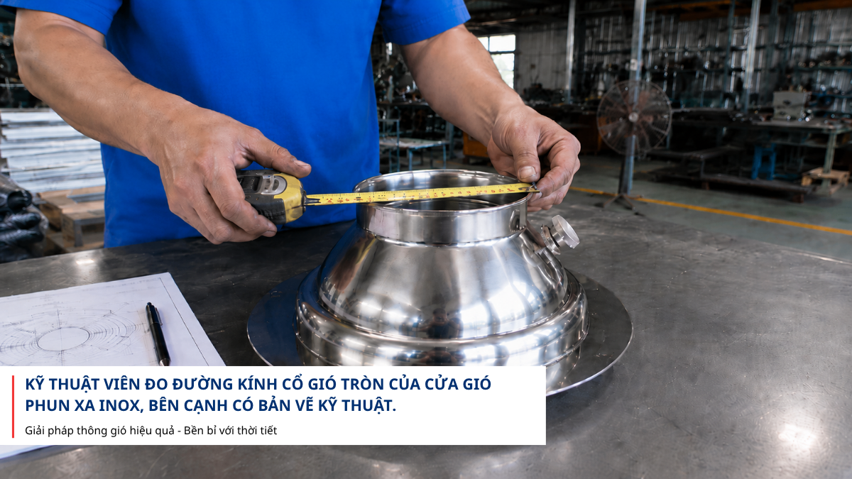 Kỹ thuật viên đo đường kính cổ gió tròn của cửa gió phun xa inox, bên cạnh có bản vẽ kỹ thuật.
