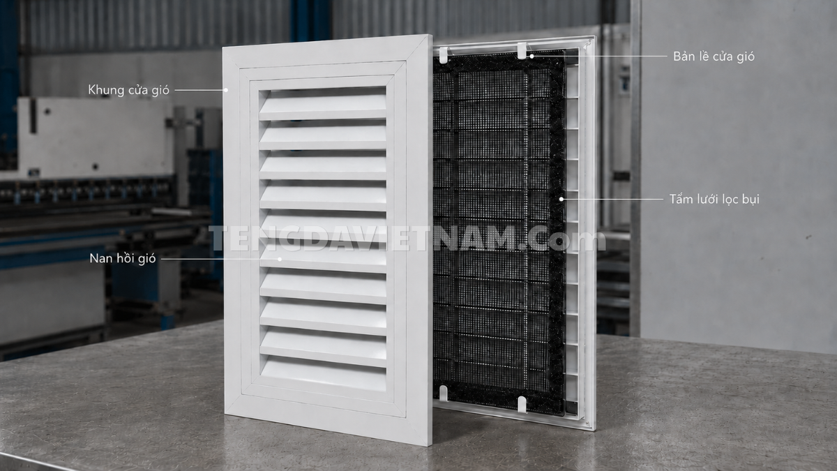 Cấu tạo cửa gió hồi có lưới lọc bụi bản lề HVAC