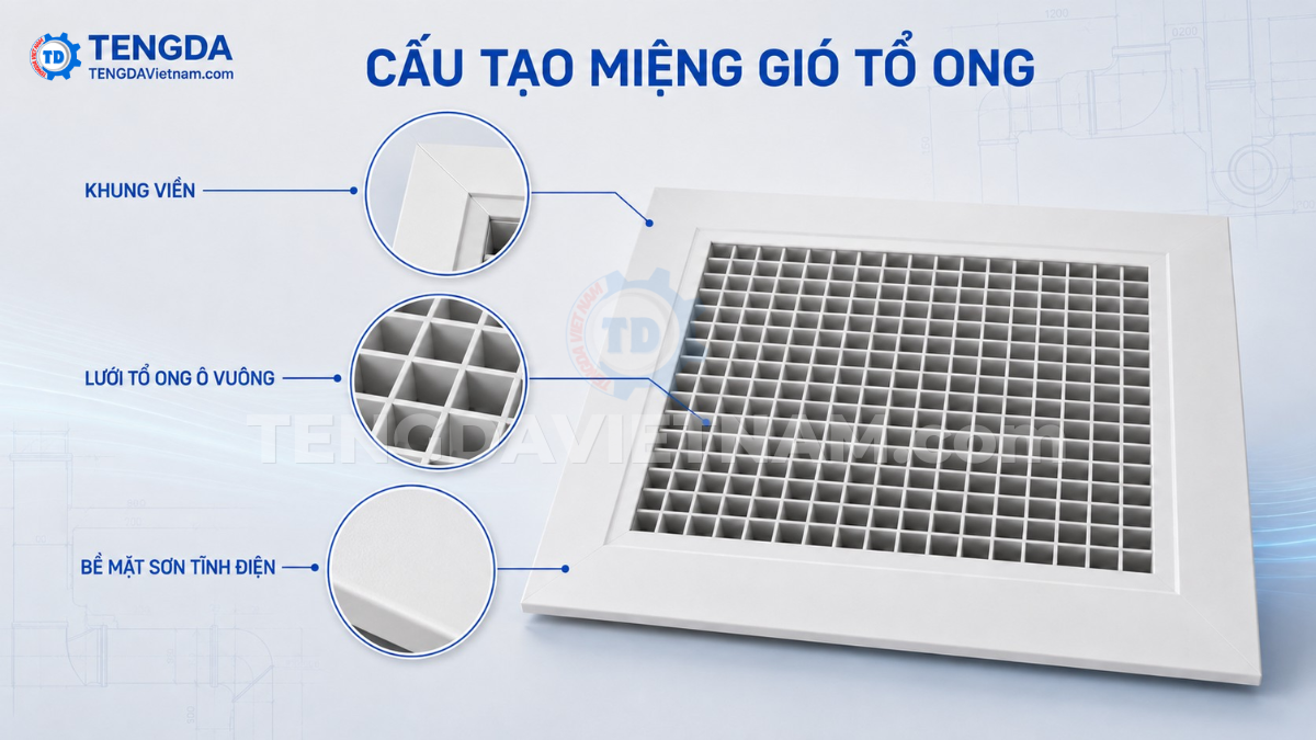 cấu tạo lưới ô vuông miệng gió tổ ong nhôm sơn tĩnh điện