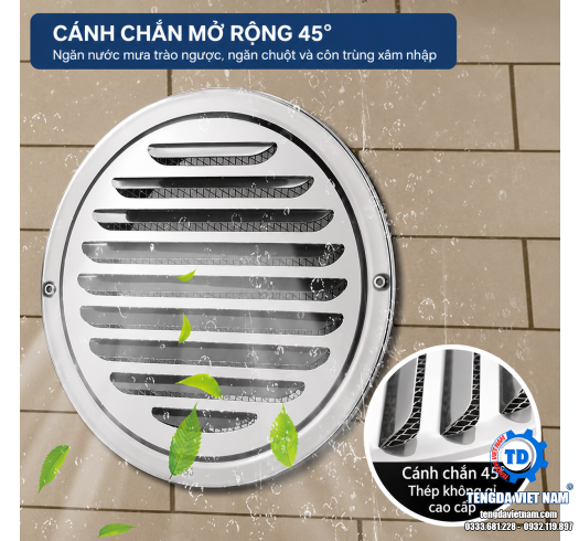 VENT COWL GẮN TƯỜNG INOX 304 – VÒNG CHE MƯA & LƯỚI CHẮN CÔN TRÙNG NGOÀI TRỜI