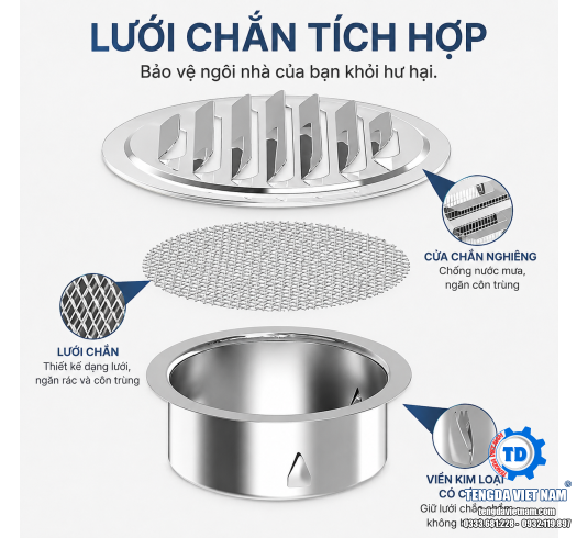 VENT COWL GẮN TƯỜNG INOX 304 – VÒNG CHE MƯA & LƯỚI CHẮN CÔN TRÙNG NGOÀI TRỜI